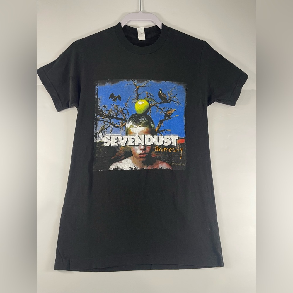 Vtg Sevendust Band T Shirt Sz S Mens Black Blue Graphic Print Kid Tree Tour Y2K